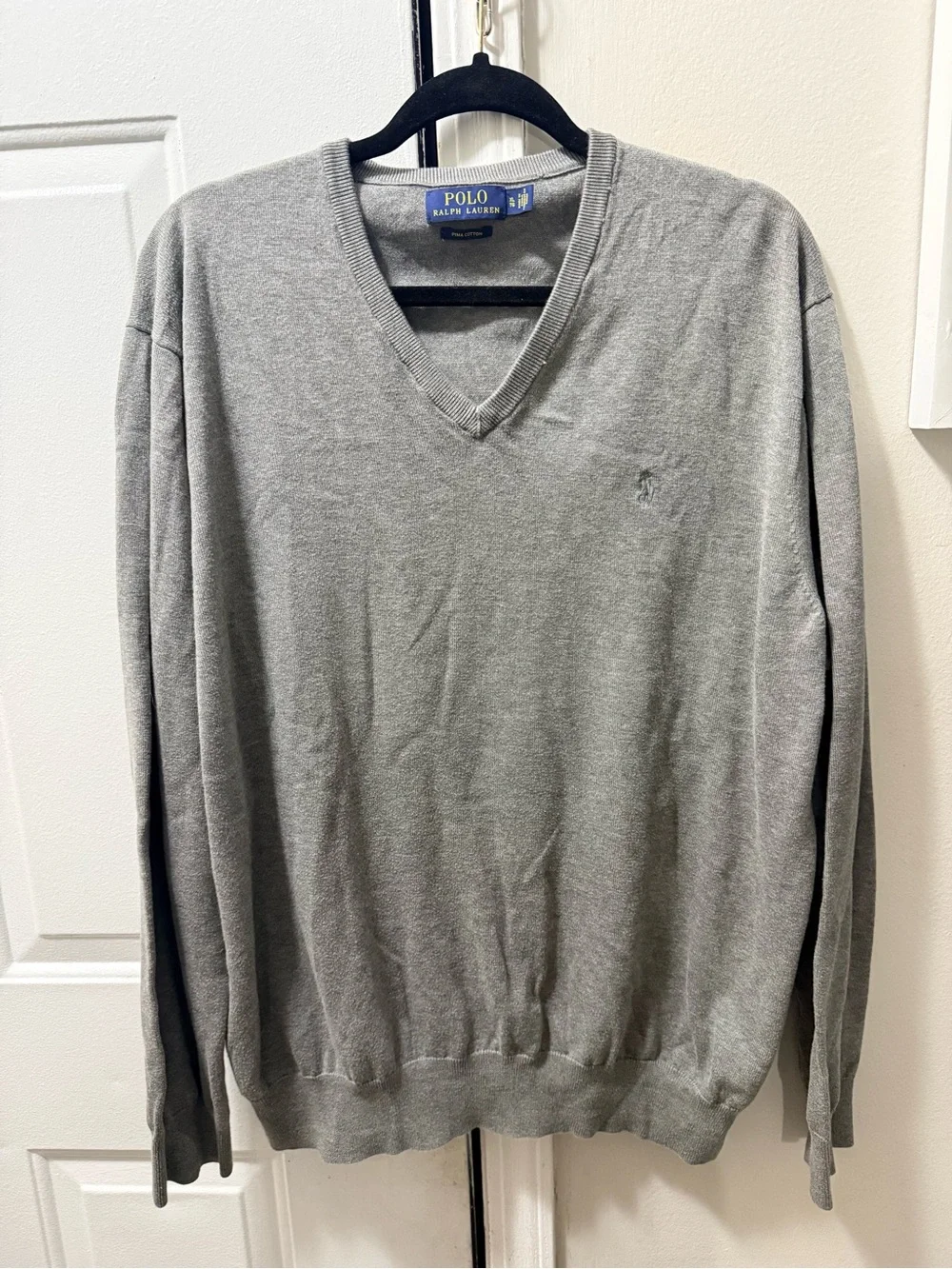 Polo Ralph Lauren Grey V-neck Knit Pullover Pima Cotton Sweater Size XL.